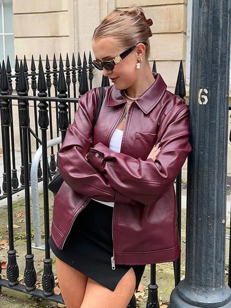 Y2K Burgundy Leather Jacket