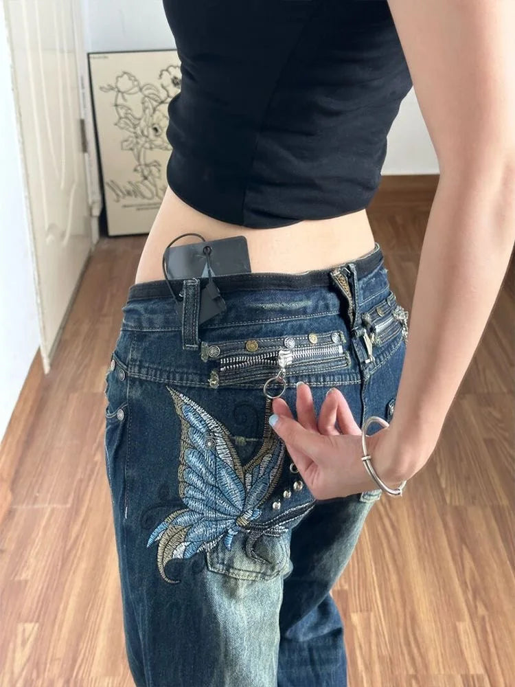 Y2K Butterfly Embroidered Aesthetic Vintage Bootcut Jeans