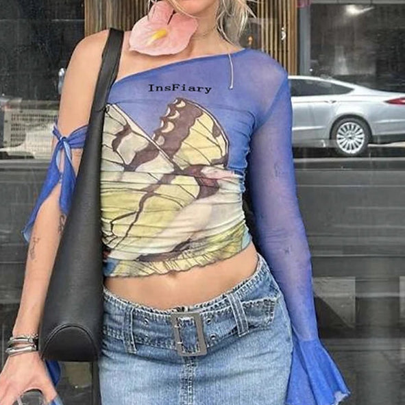 Y2K Butterfly Print Off Shoulder Sheer Mesh Top