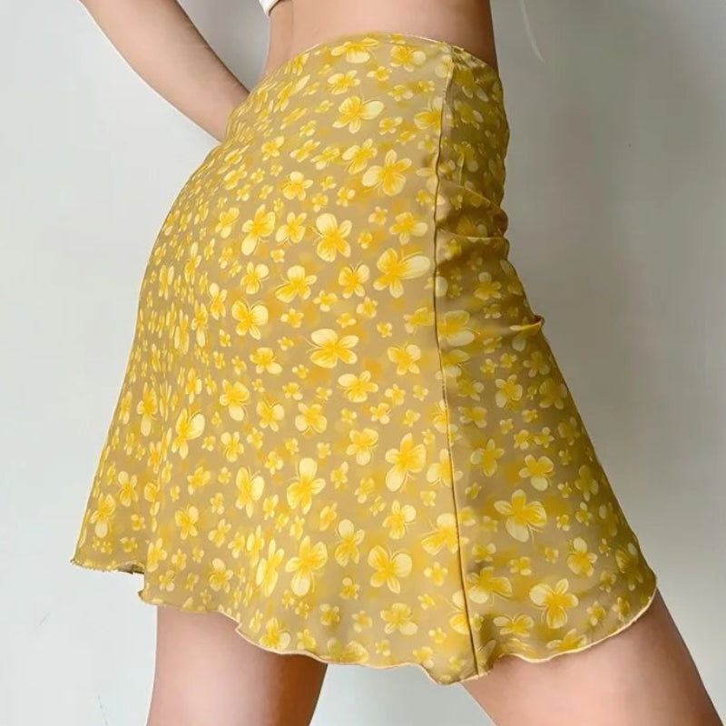 Y2K Butterfly Print Yellow Mini Skirt