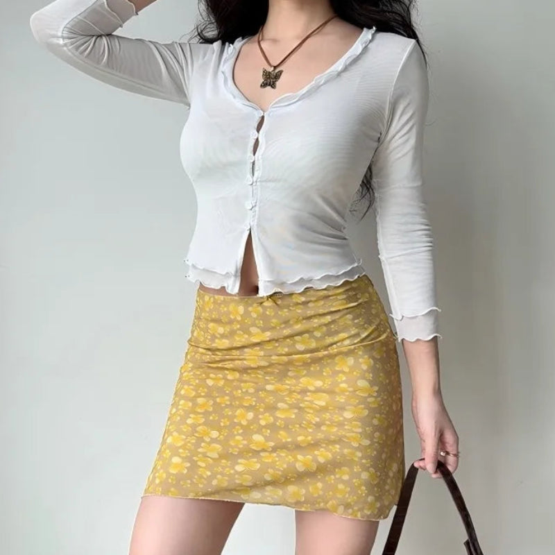 Y2K Butterfly Print Yellow Mini Skirt
