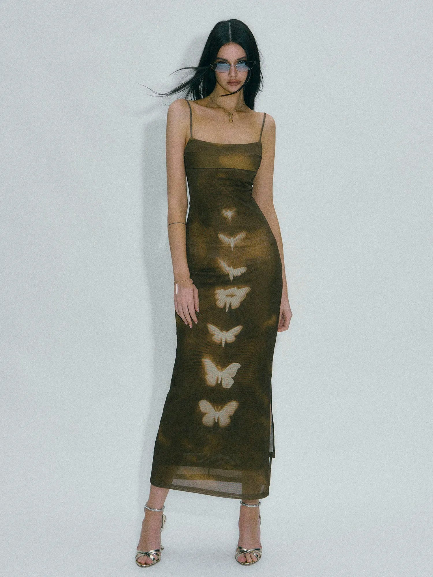 Y2K Butterly Print Brown Maxi Dress