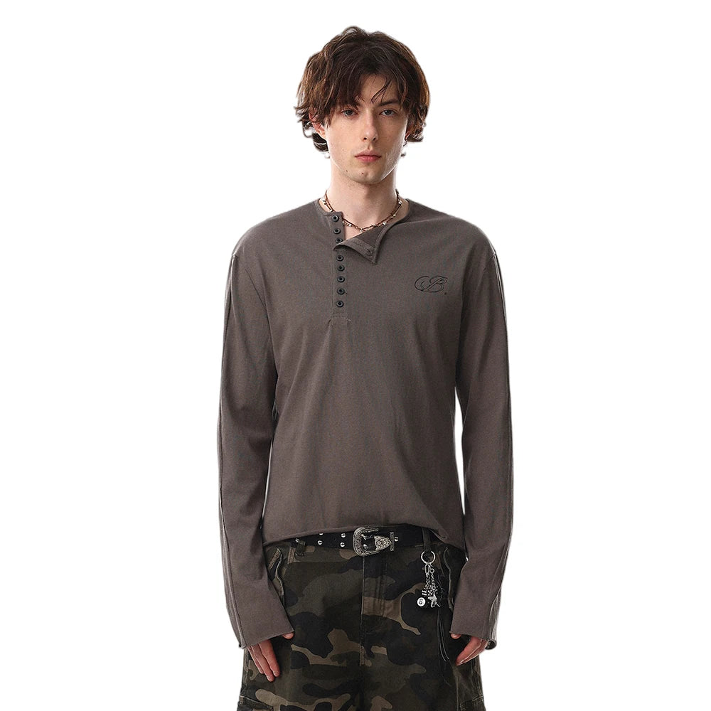 Y2K Button Henley Collar Long Sleeve Top