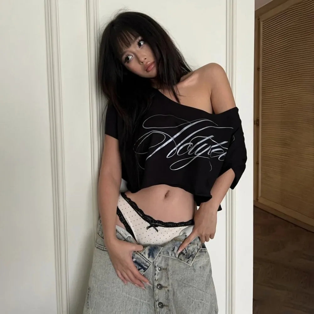 Y2K Caligraphic Baggy Off Shoulder Top