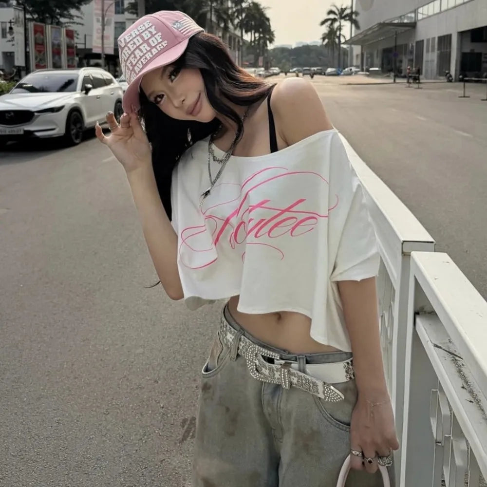 Y2K Caligraphic Baggy Off Shoulder Top