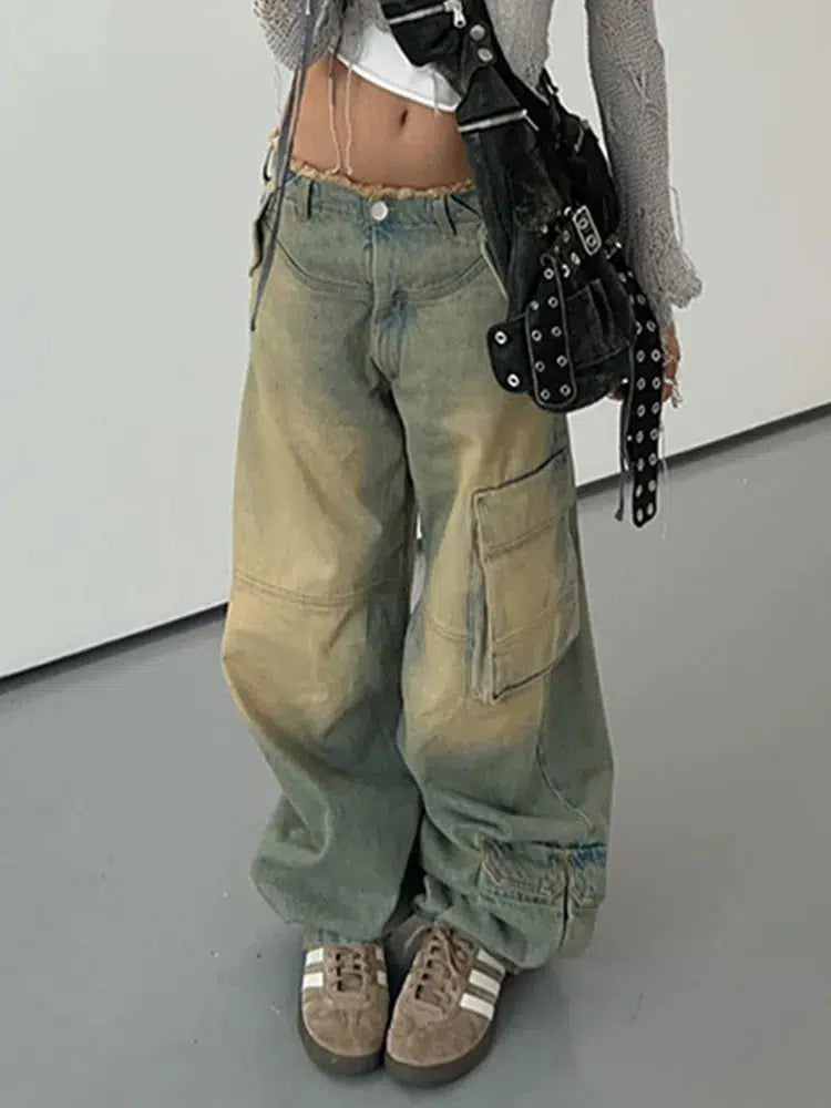 Y2K Cargo Jeans Low Waist Baggy Washed Jeans - Main Image