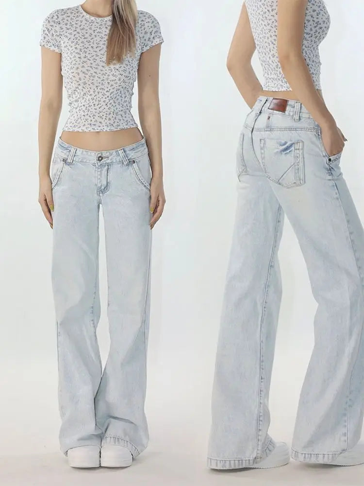 Y2K Casual Light Blue Low Waist Jeans