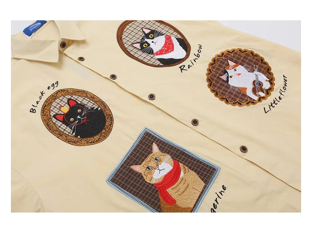 Y2K Cat Patch Embroidered Short Sleeve Work Shirt