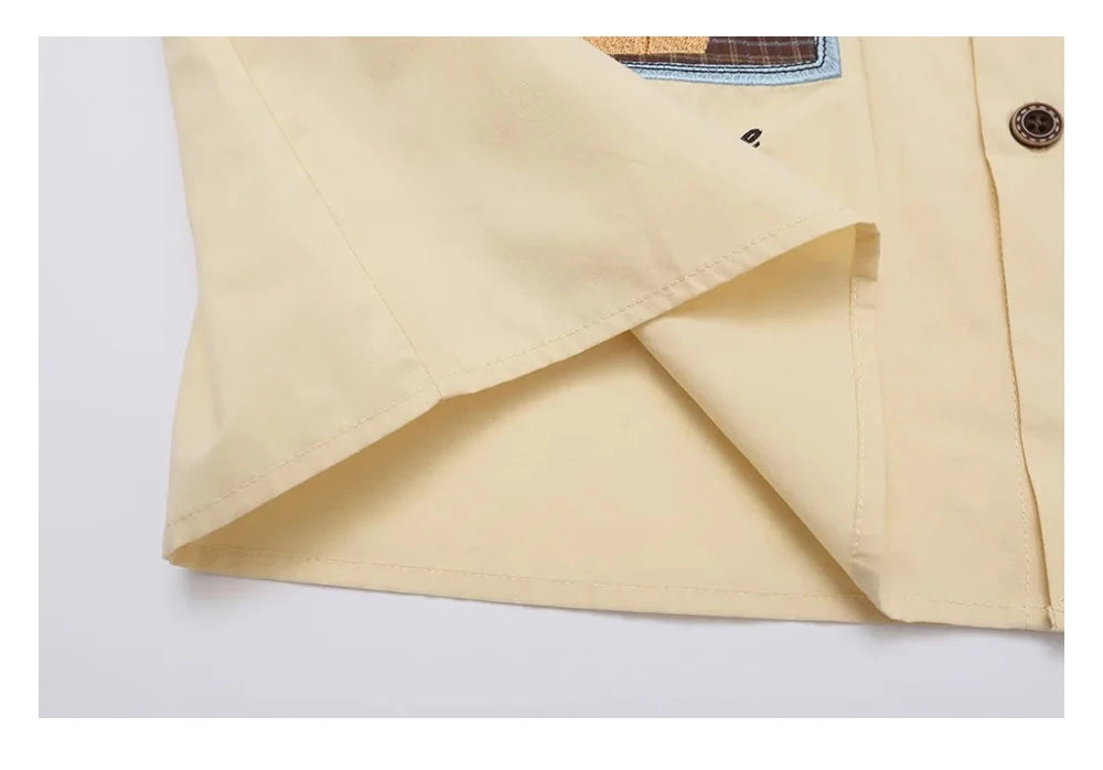 Y2K Cat Patch Embroidered Short Sleeve Work Shirt