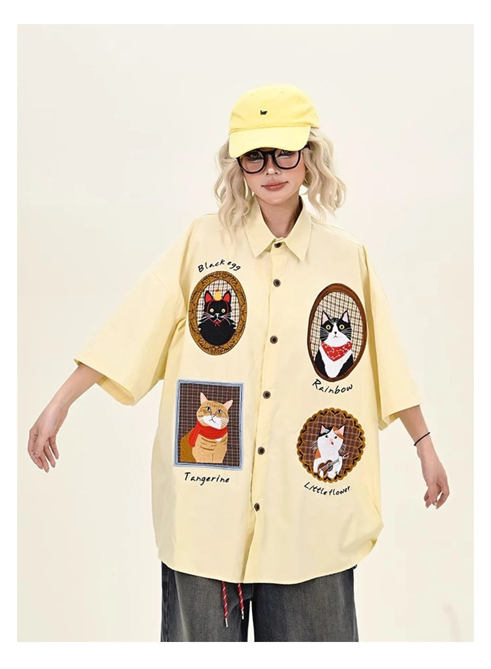 Y2K Cat Patch Embroidered Short Sleeve Work Shirt