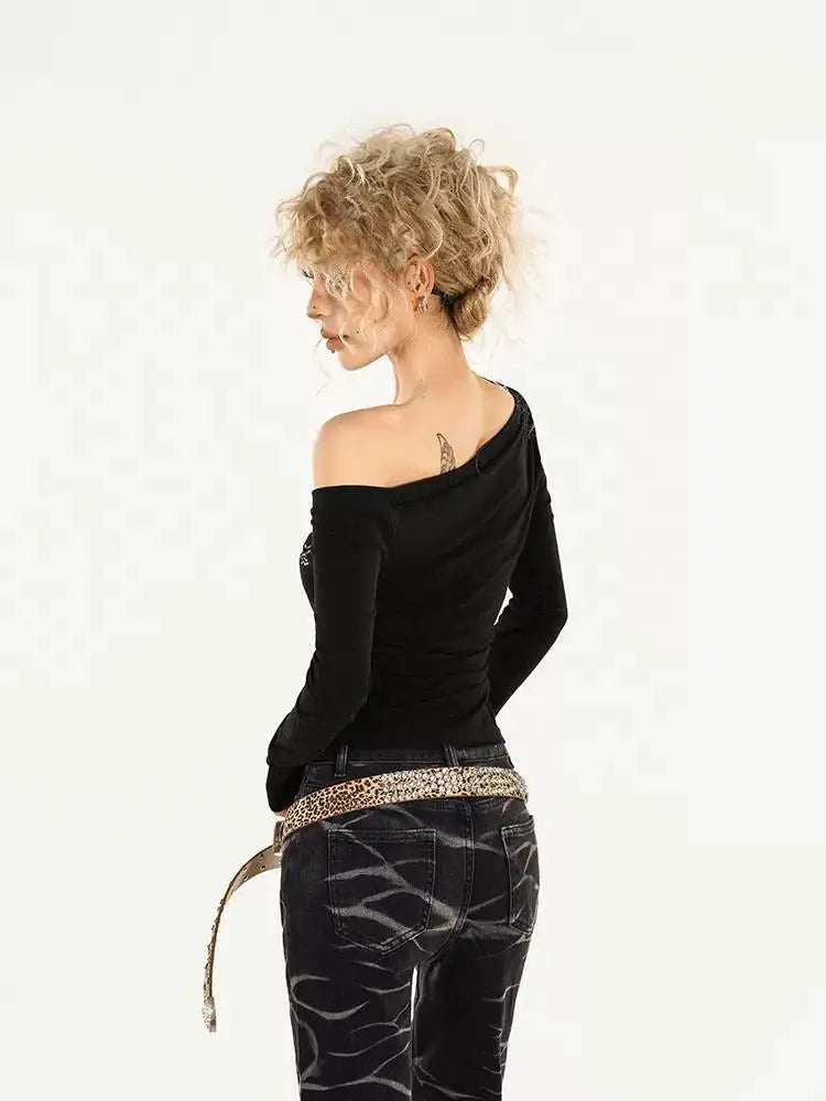 Y2K Chic Black Sparkle Graphic Long Sleeve Off Shoulder Top