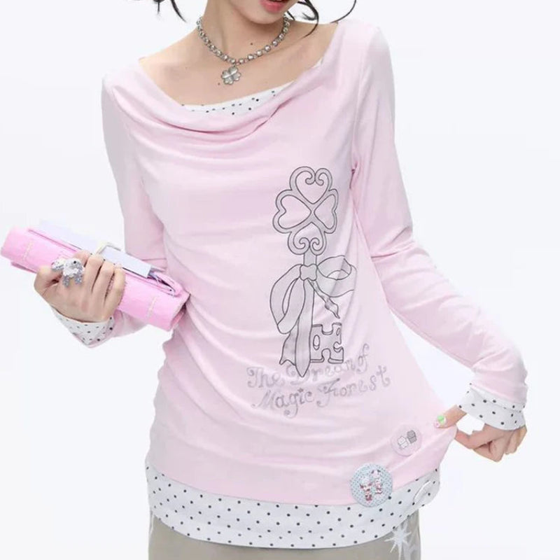 Y2K Chic Coquette Polka Patchwork Long Sleeve Top