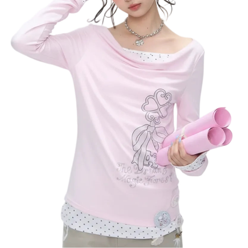 Y2K Chic Coquette Polka Patchwork Long Sleeve Top