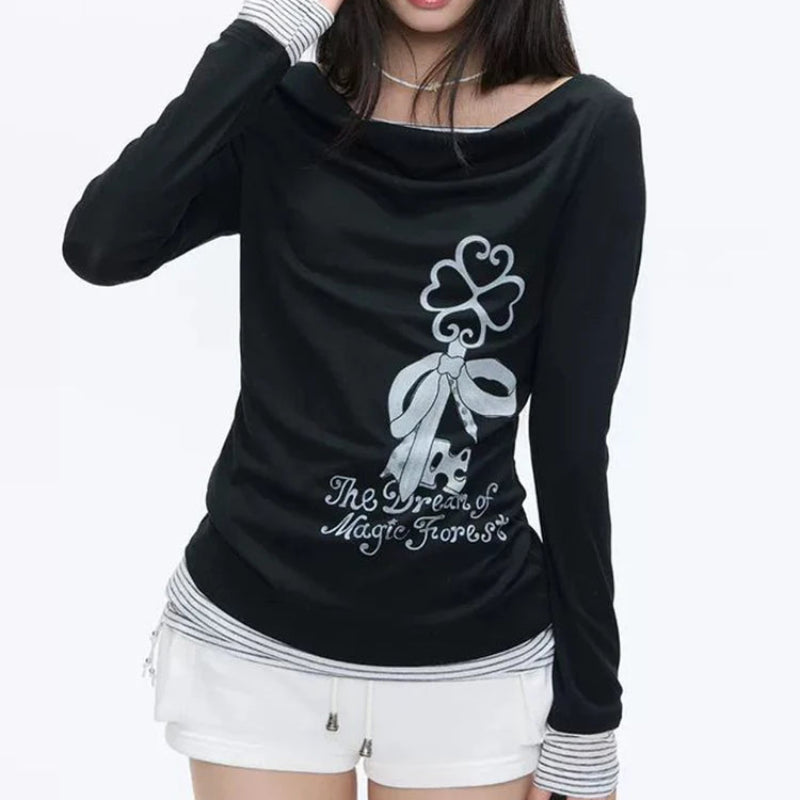 Y2K Chic Coquette Polka Patchwork Long Sleeve Top