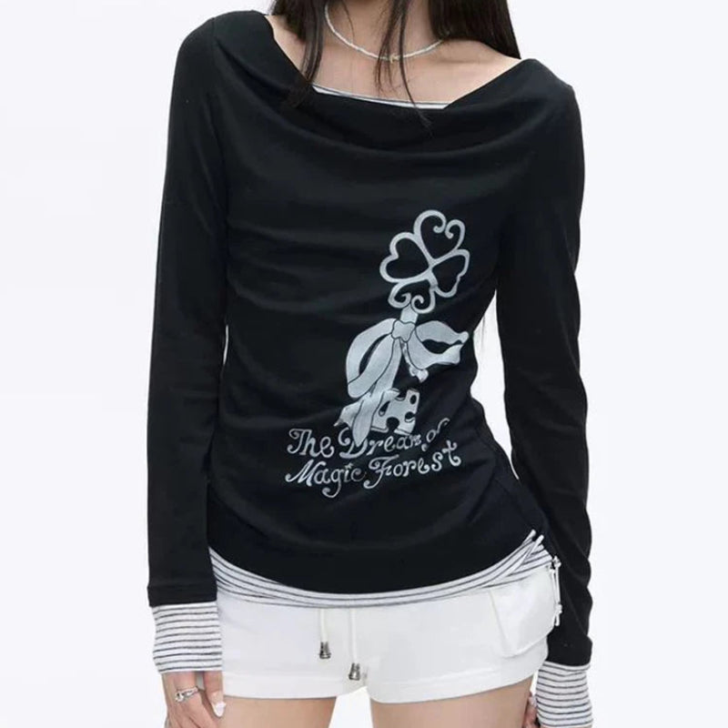Y2K Chic Coquette Polka Patchwork Long Sleeve Top