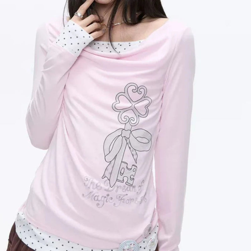 Y2K Chic Coquette Polka Patchwork Long Sleeve Top