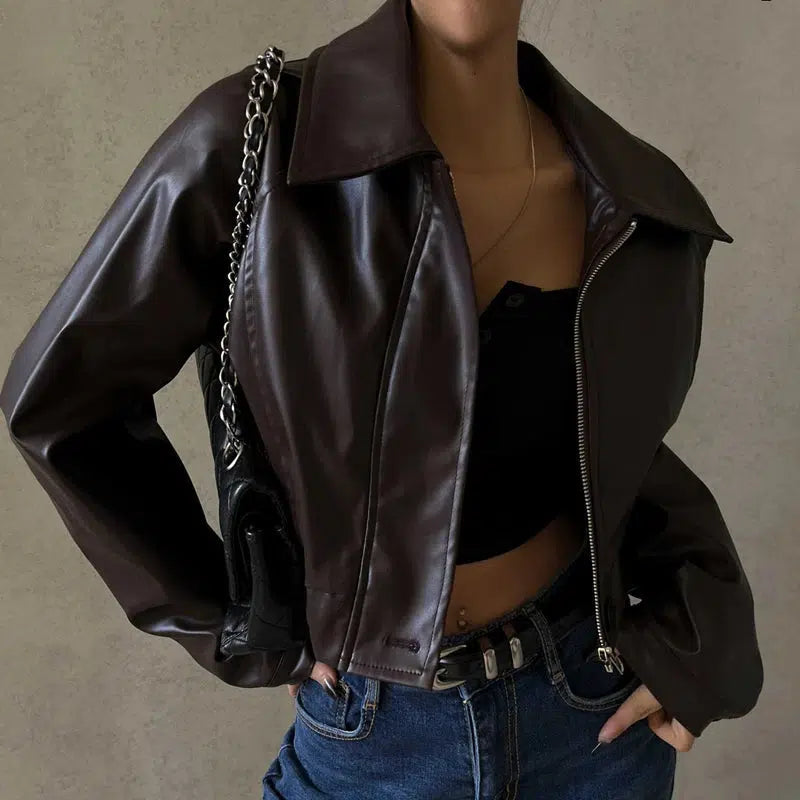 Y2K Collar Brown Leather Jacket