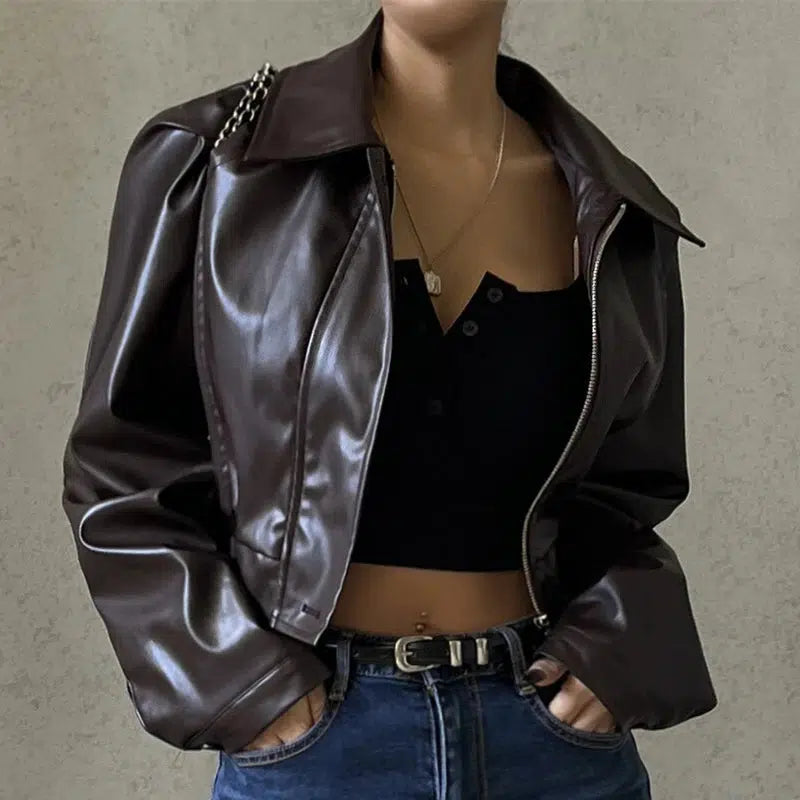 Y2K Collar Brown Leather Jacket