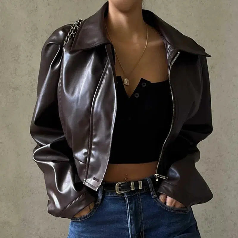 Y2K Collar Brown Leather Jacket