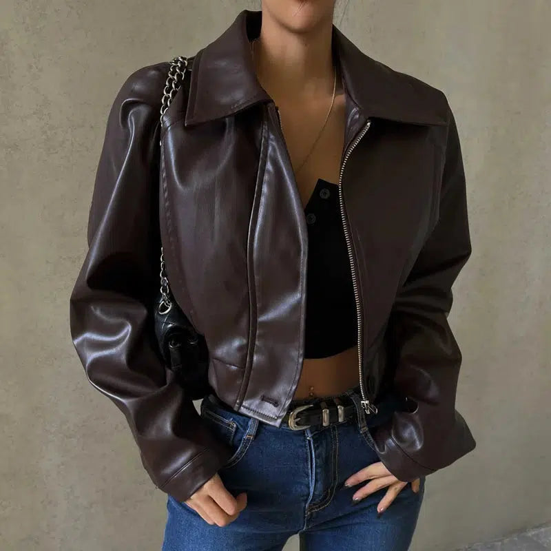 Y2K Collar Brown Leather Jacket