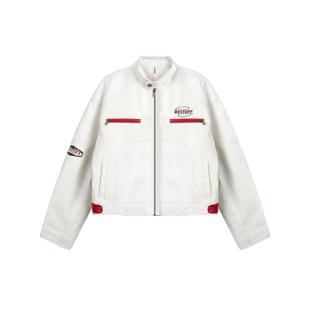 Y2K Contrast PU Leather Panelled Embroidered Motorcycle Jacket