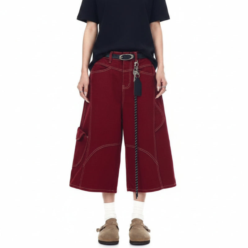 Y2K Contrast Stitch Wide Leg Long Denim Shorts Jorts