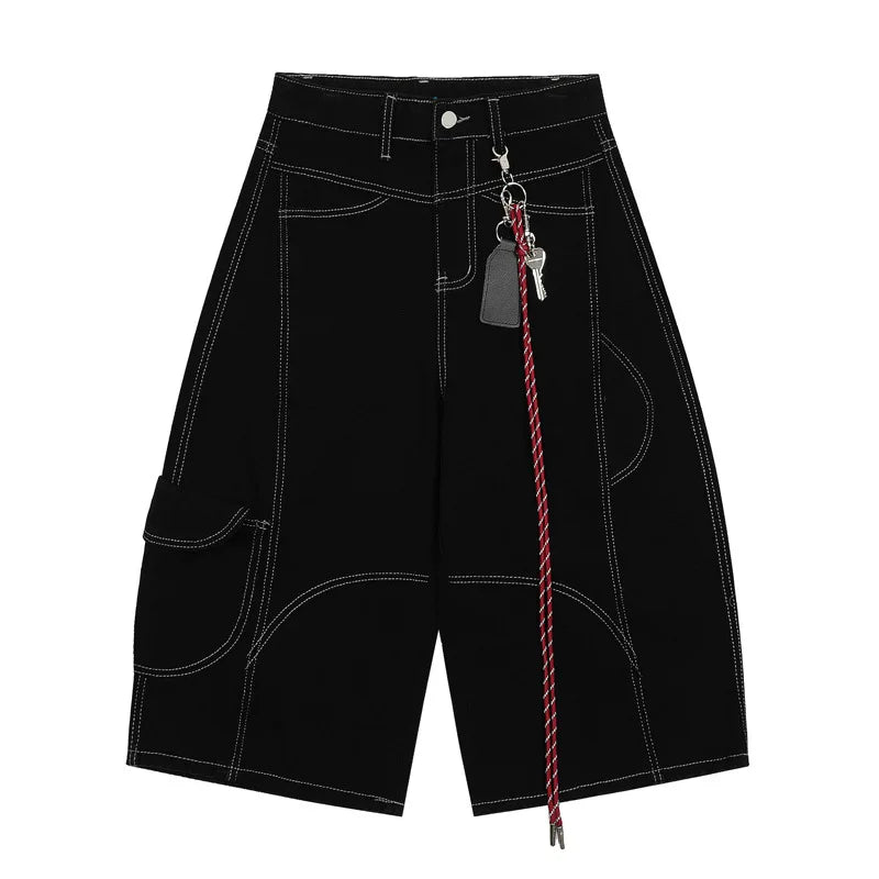 Y2K Contrast Stitch Wide Leg Long Denim Shorts Jorts
