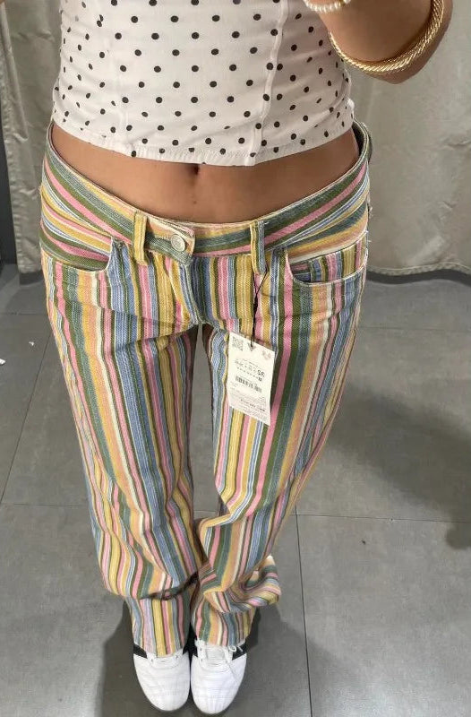 Y2K Contrast Striped Straight Leg Low Waist Jeans