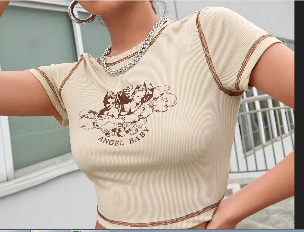 Y2K Cream Angel Baby Crop Top
