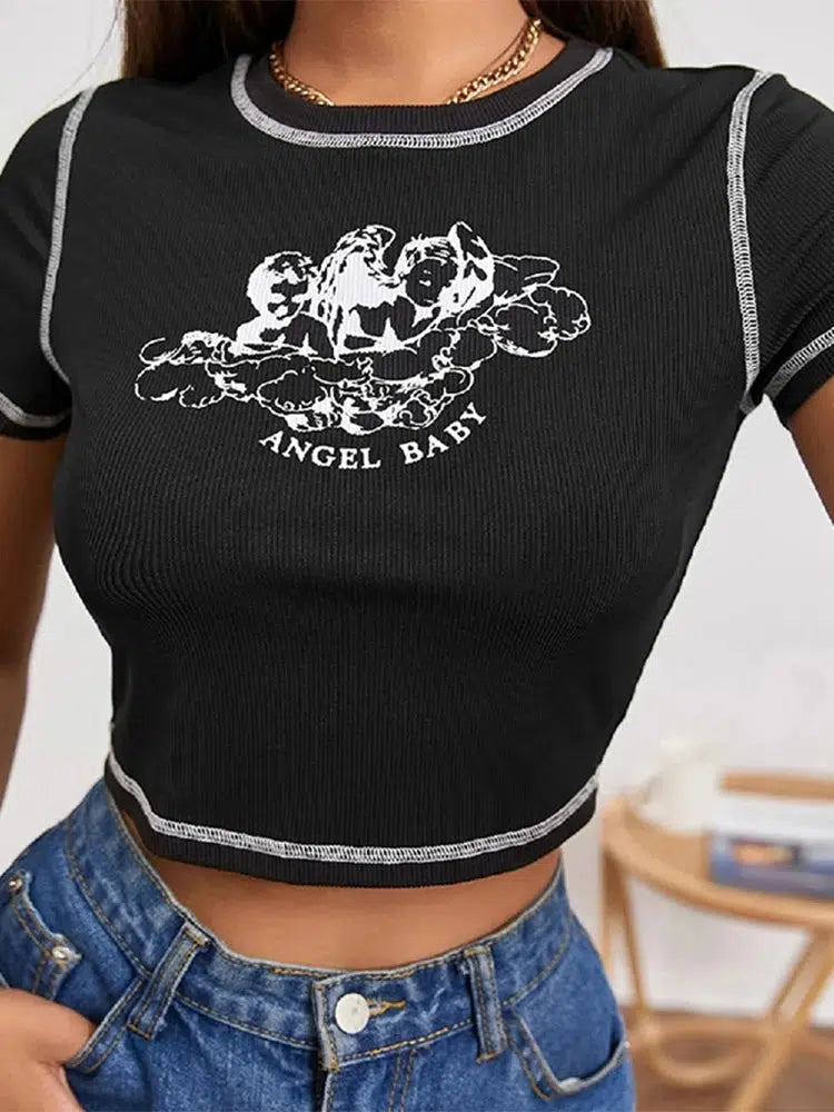 Y2K Cream Angel Baby Crop Top