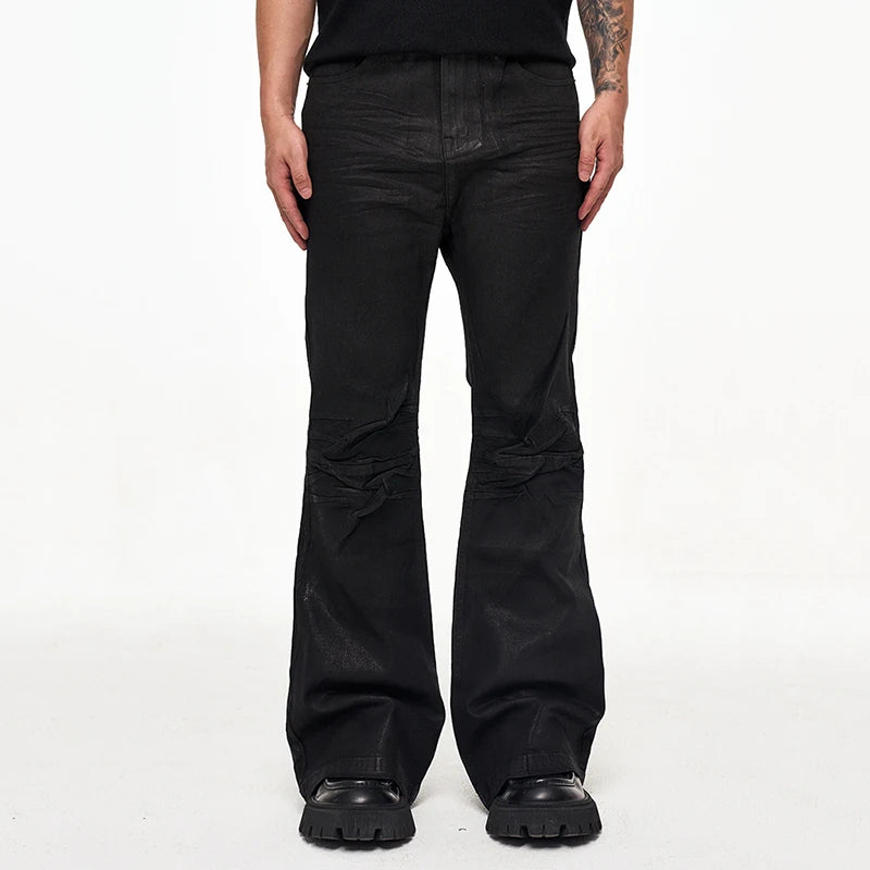 Y2K Crease Textured Wide Leg Micro Slim Fit Boot Cut Black Jeans