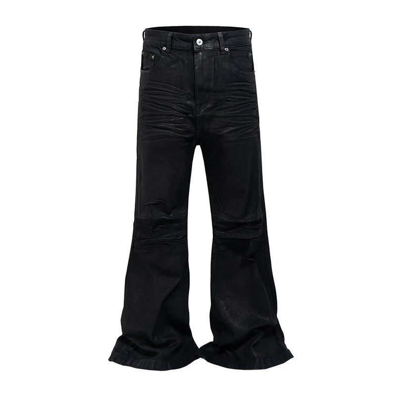 Y2K Crease Textured Wide Leg Micro Slim Fit Boot Cut Black Jeans