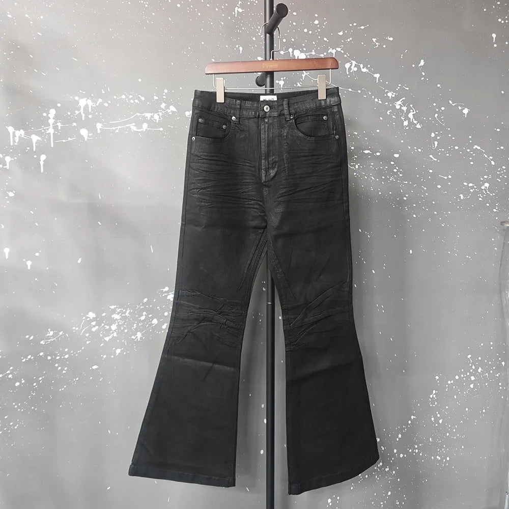 Y2K Crease Textured Wide Leg Micro Slim Fit Boot Cut Black Jeans