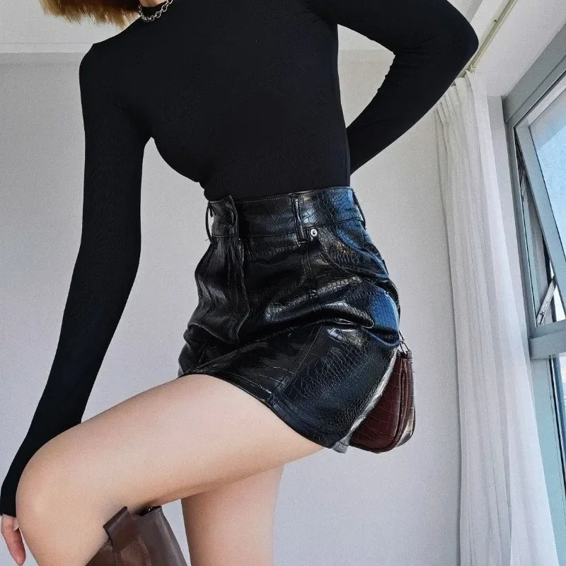 Y2K Crocodile Print Faux Leather Split Mini Skirt