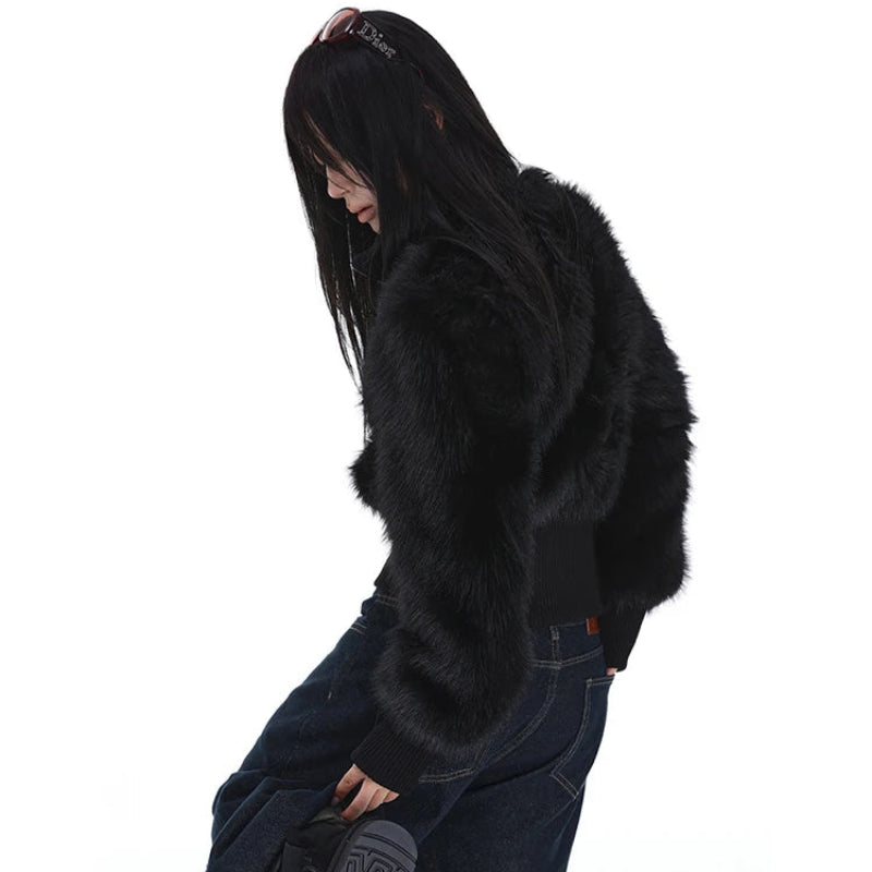 Y2K Cropped Black Faux Fur Zip Up Jacket