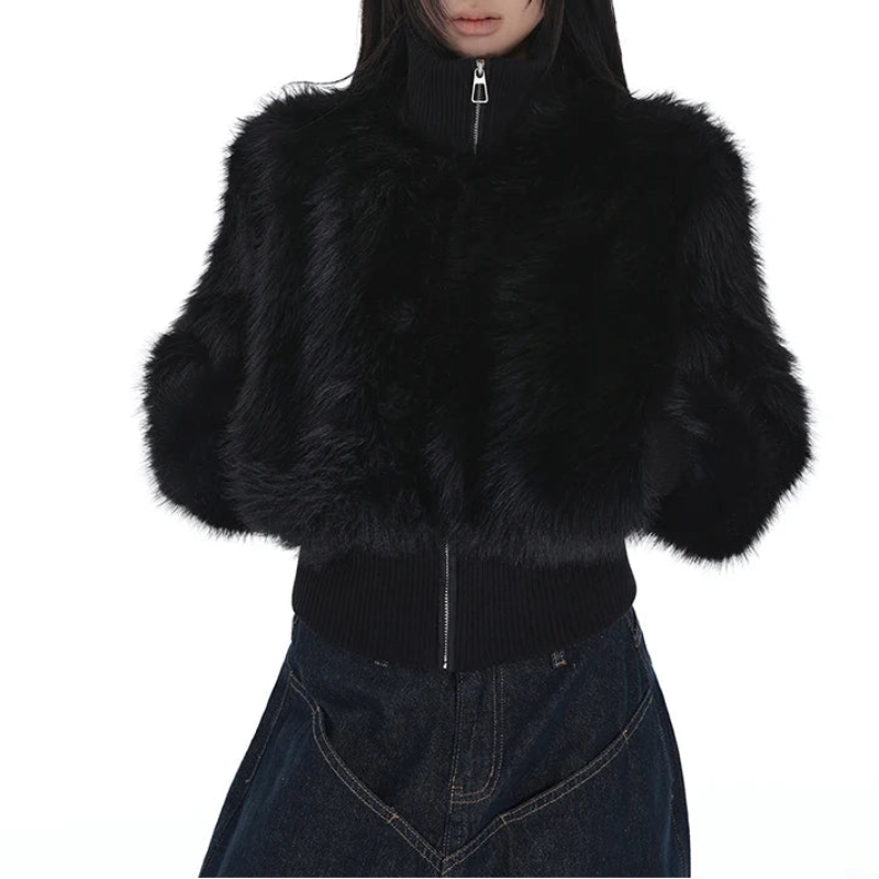 Y2K Cropped Black Faux Fur Zip Up Jacket