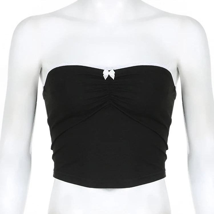 Y2K Cropped Contrast Bow Stitched Bandeau Tube Top