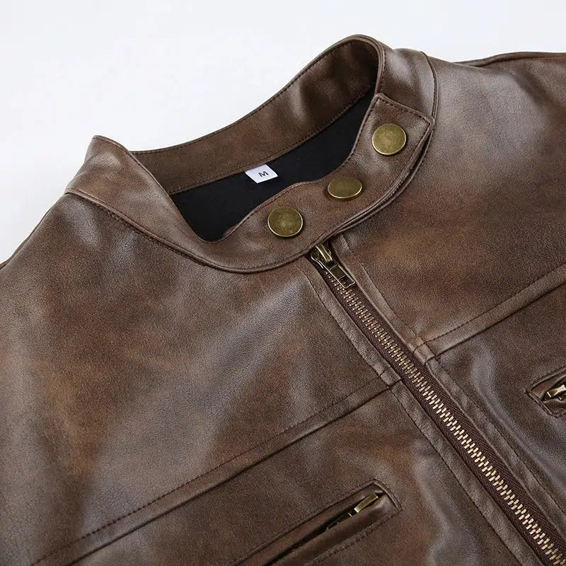 Y2K Cropped Leather Jacket Brown