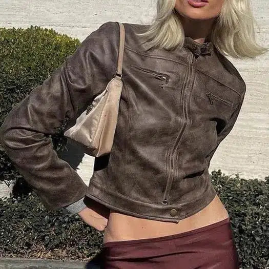 Y2K Cropped Leather Jacket Brown