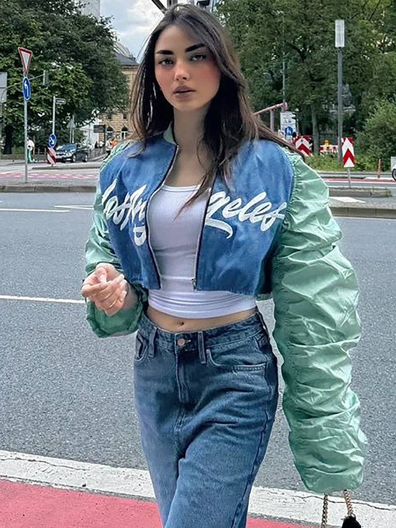 Y2K Cropped Ruffled Womens Varsity Jacket