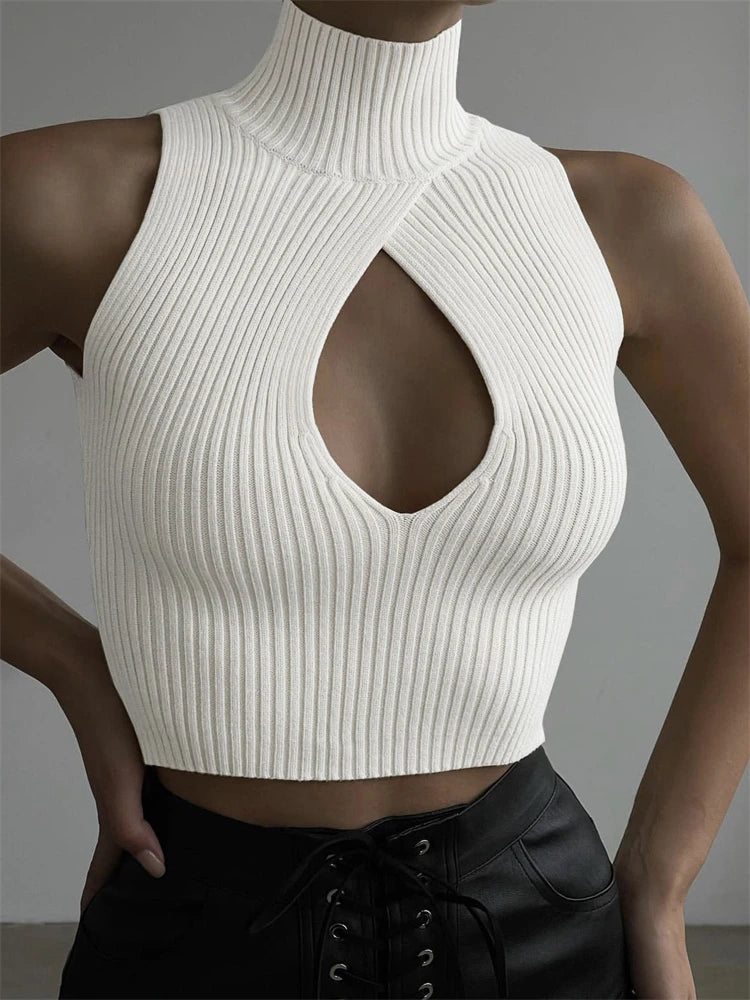 Y2K Cropped Turtleneck Ribbed Sleeveless Low Cut Top