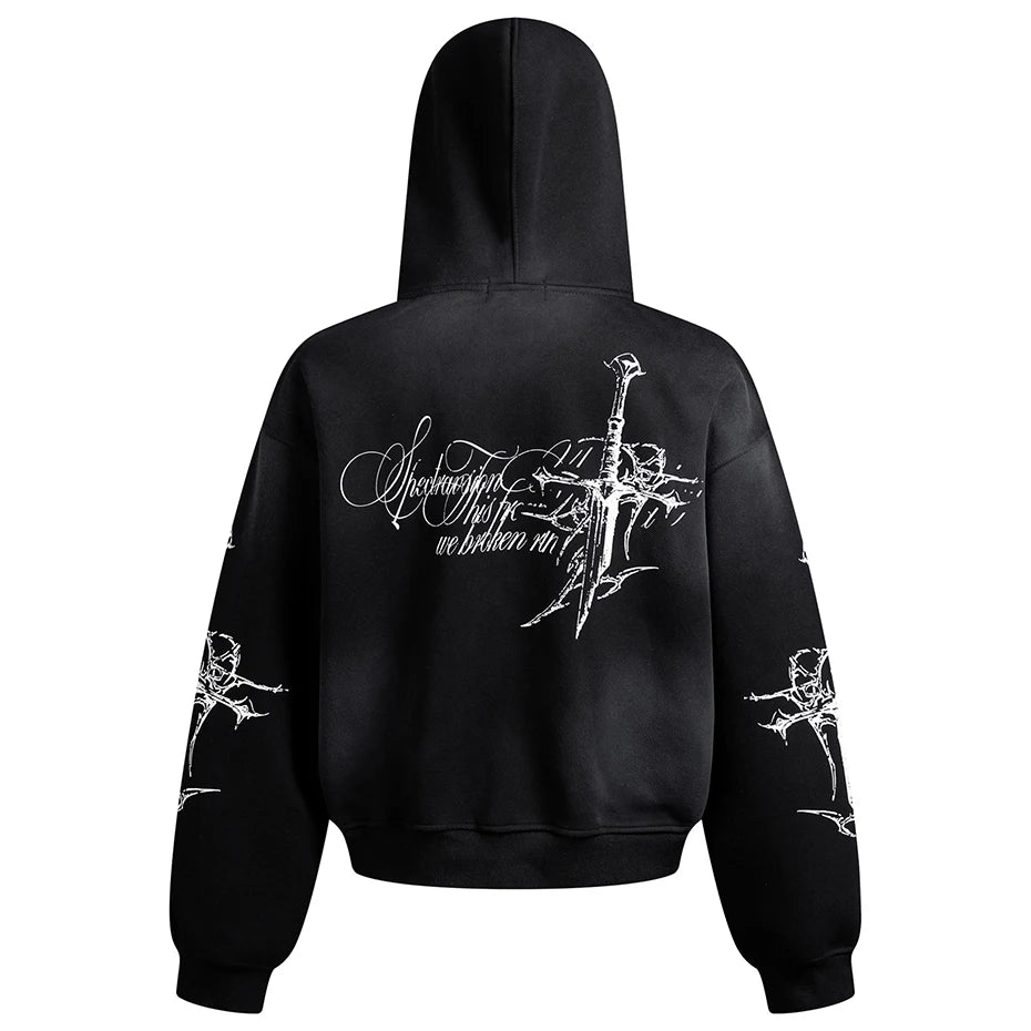 Y2K Cross Dark Gothic Full Zip Up Hoodie
