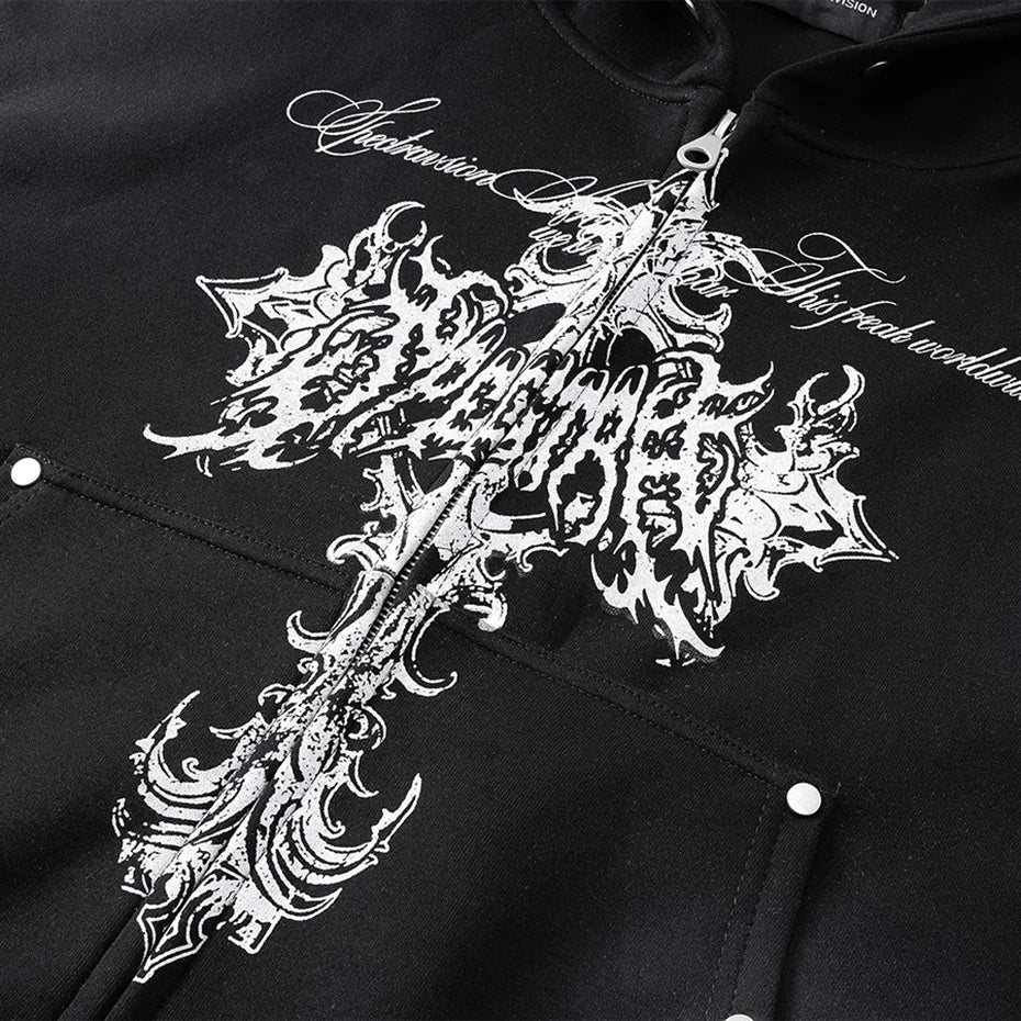 Y2K Cross Dark Gothic Full Zip Up Hoodie