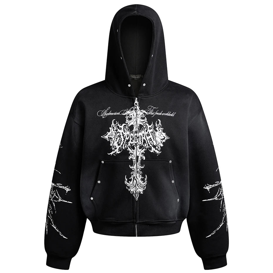 Y2K Cross Dark Gothic Full Zip Up Hoodie