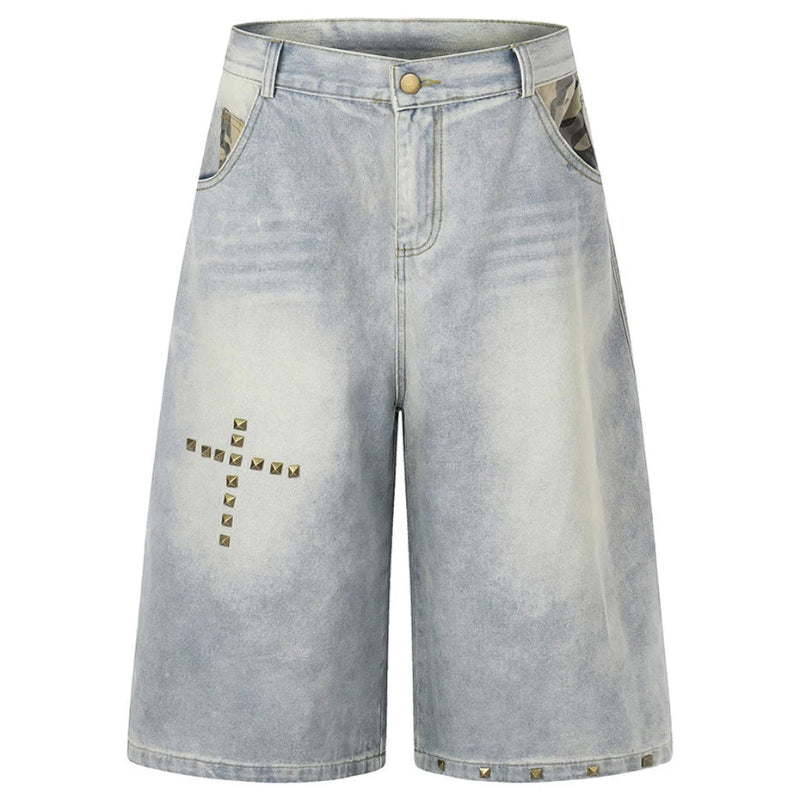 Y2K Cross Rivet Denim Shorts Jorts