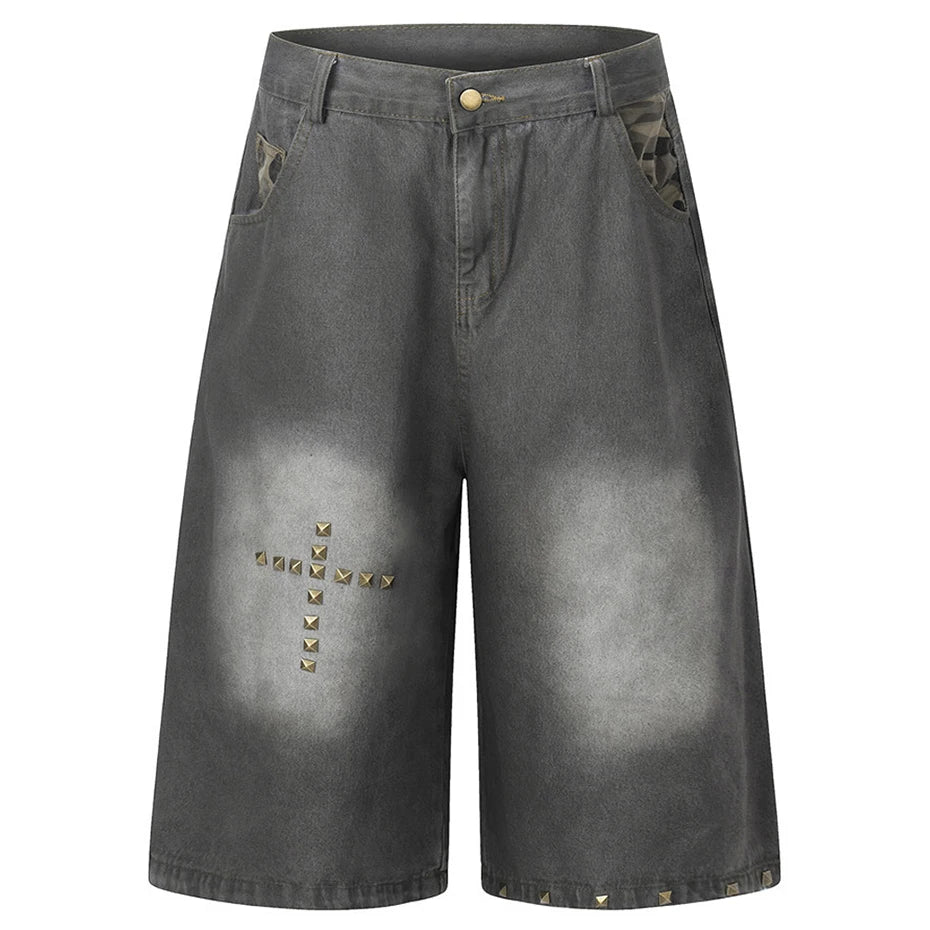 Y2K Cross Rivet Denim Shorts Jorts