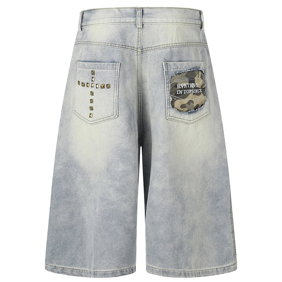 Y2K Cross Rivet Denim Shorts Jorts