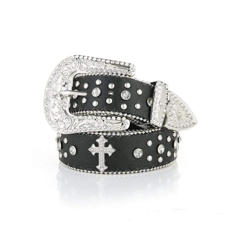 Y2K Cross Studded And Gems Rhinestone Big Buckle Belt