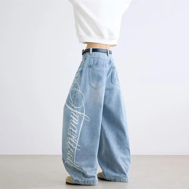 Y2K Cursive Letter Print Graphic Barrel Jeans