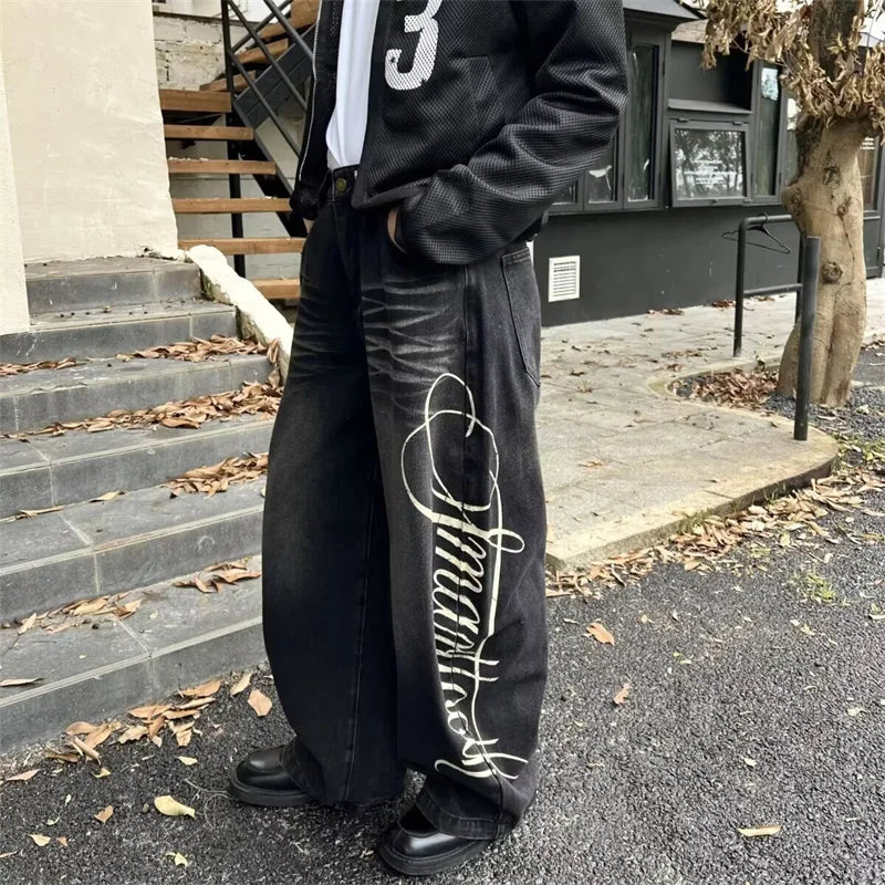 Y2K Cursive Letter Print Graphic Barrel Jeans